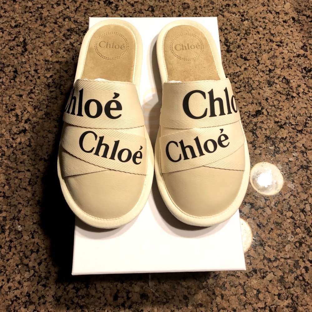🩷Chloe Woody Leather & Cloth Slides Sz 37 US 7